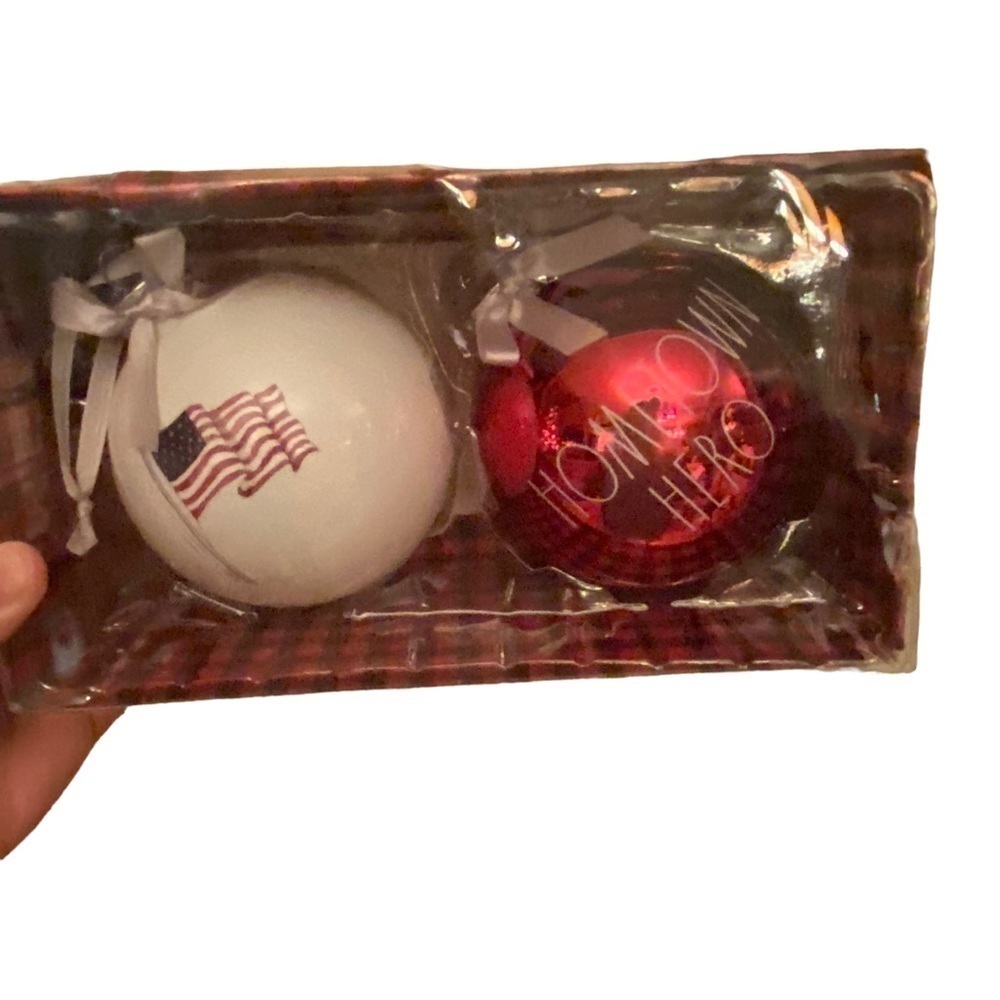 Rae Dunn 2 Large Glass Christmas Ornaments Red and White